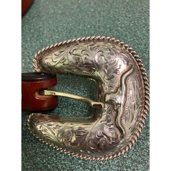 Women’s Western Cowgirl Belt Sterling Silver Overlaid Buckle Set Vintage Brown main image 15